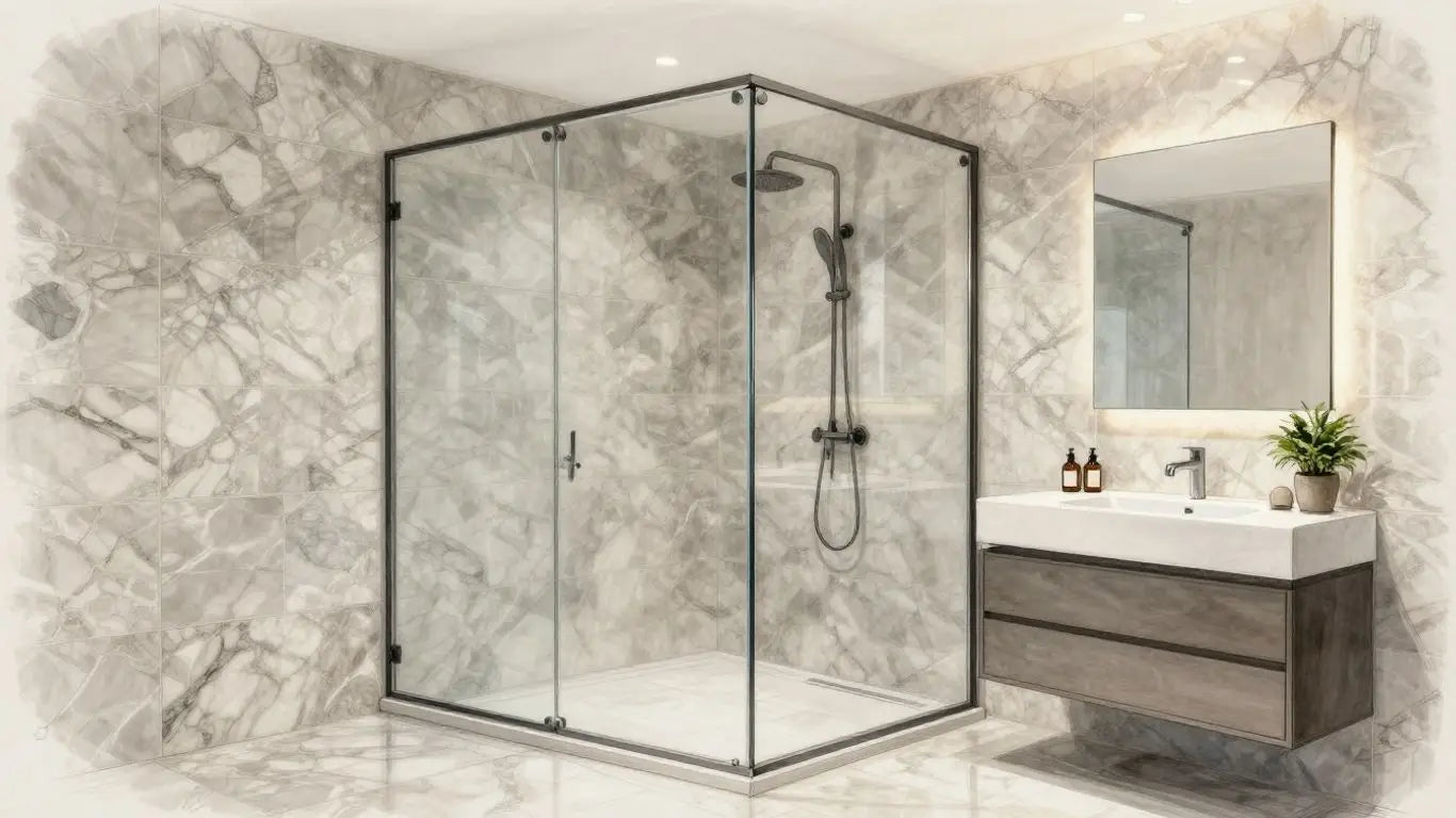 Sketch of modern quartz tile bathroom interior