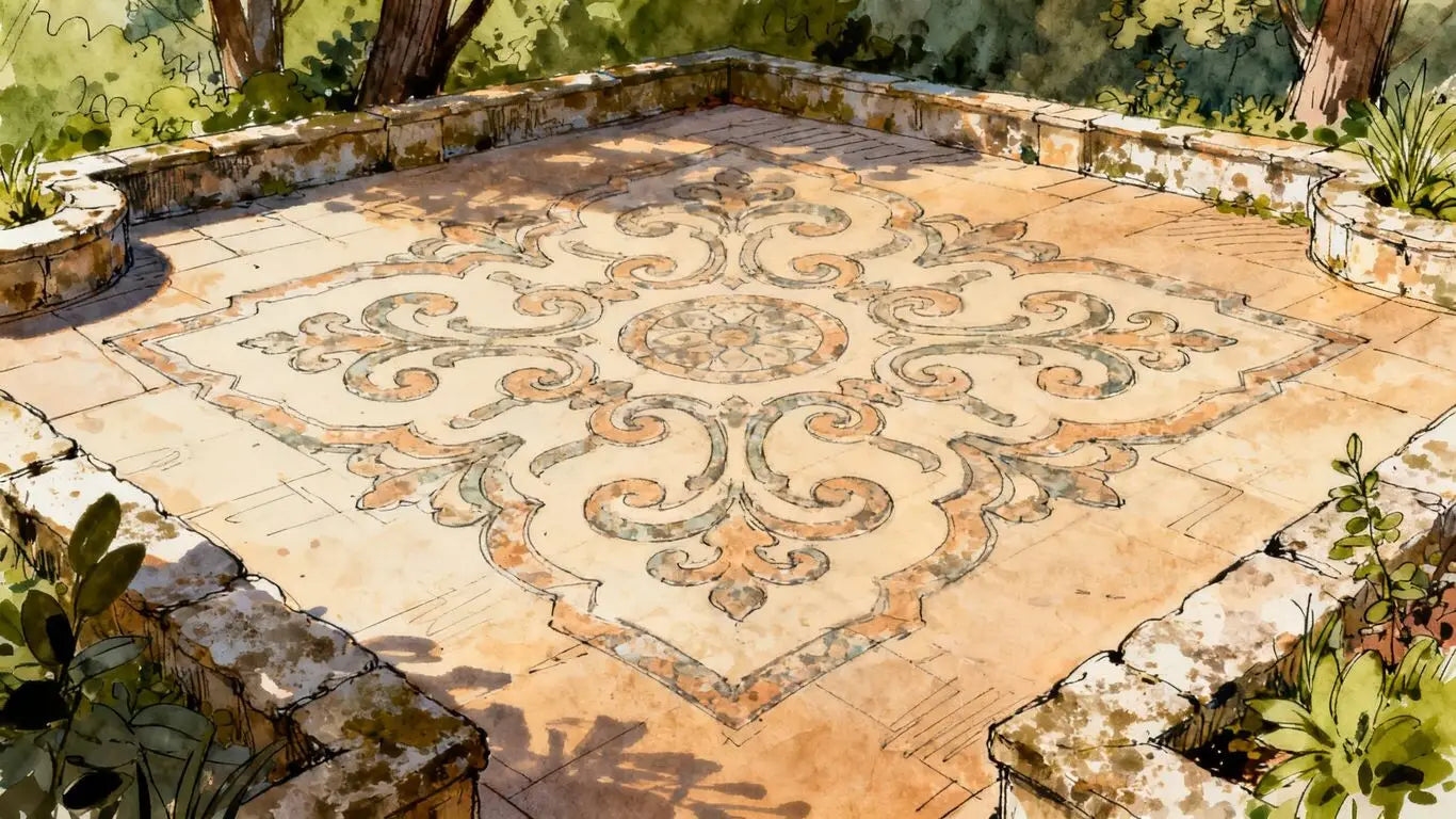 Outdoor limestone patio with French layout