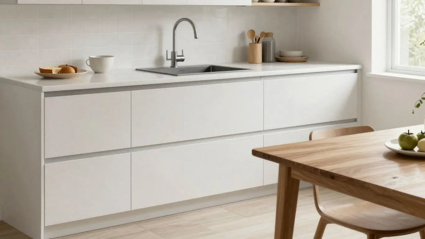 Boceto de cocina y comedor con baldosas apomazadas.