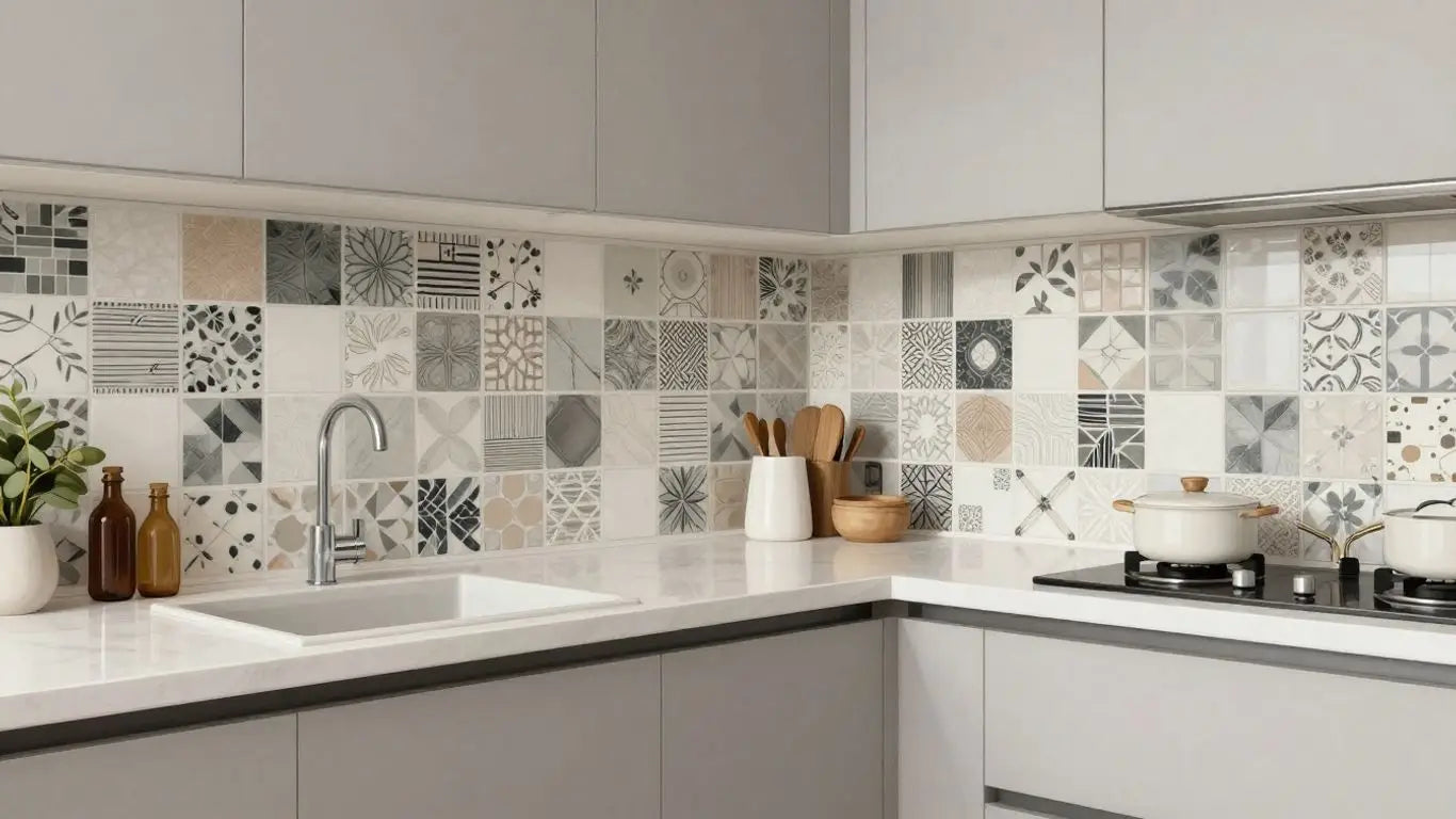 Sketch of modern kitchen with quality tile surfaces