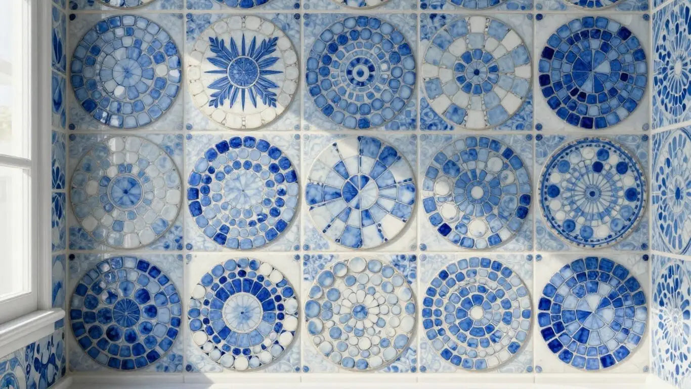Ceramic penny tile mosaic on a bathroom wall.