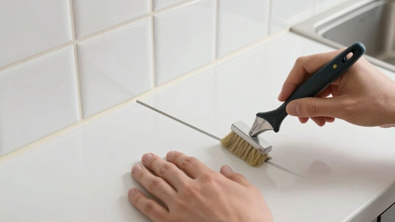 Applying and sealing grout on a tiled backsplash.