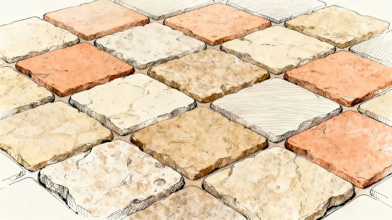 Natural stone tiles arranged in a French pattern