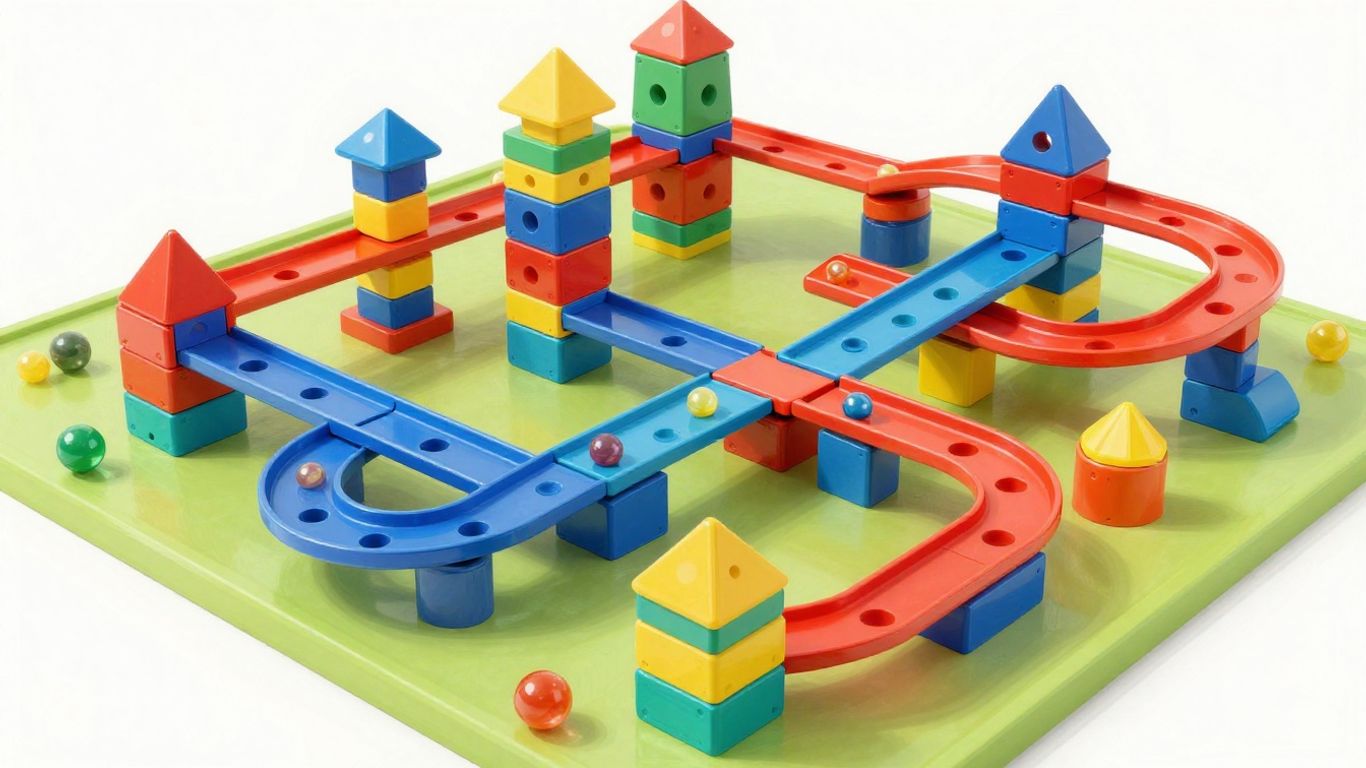 Magnetic tile marble run with colorful tracks and rolling marbles.