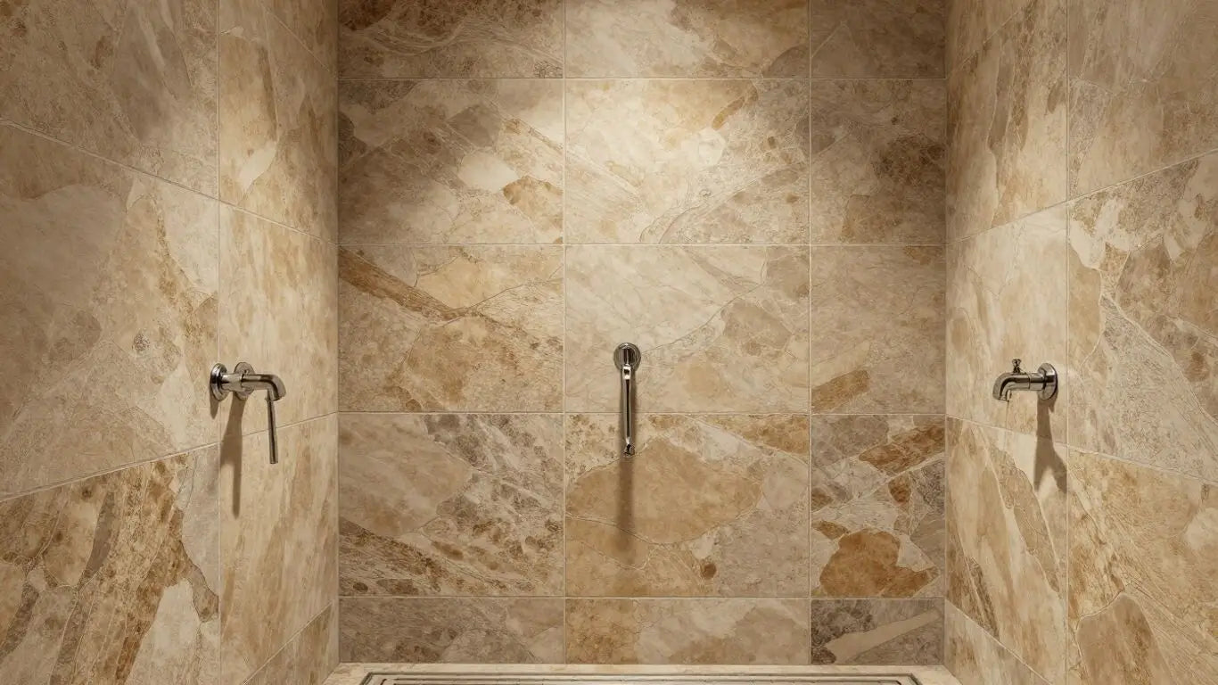 Sketch of a bathroom shower with stone tiles.