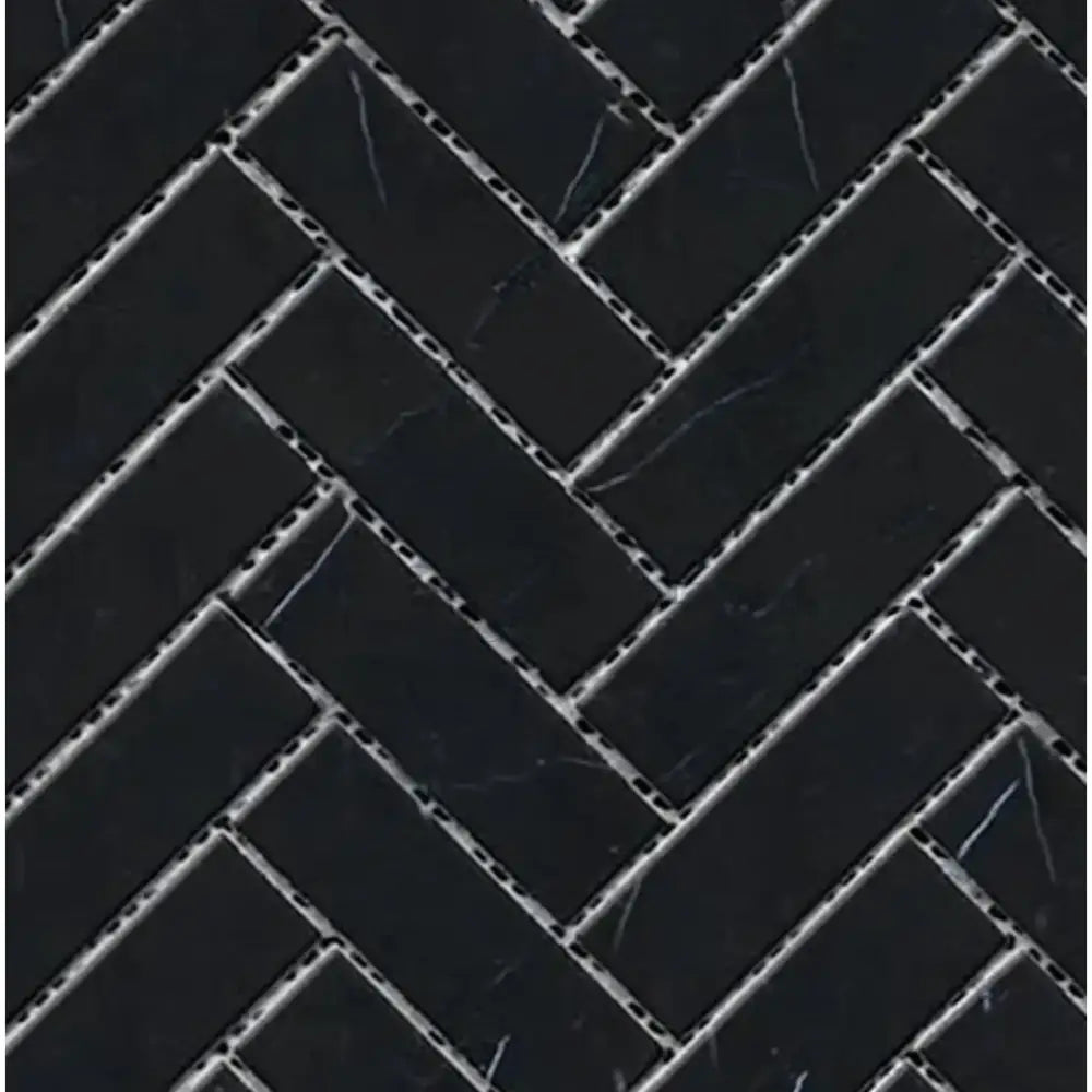 Black marble herringbone tile pattern in Nero Marquina/Black 1X3 Mosaic design