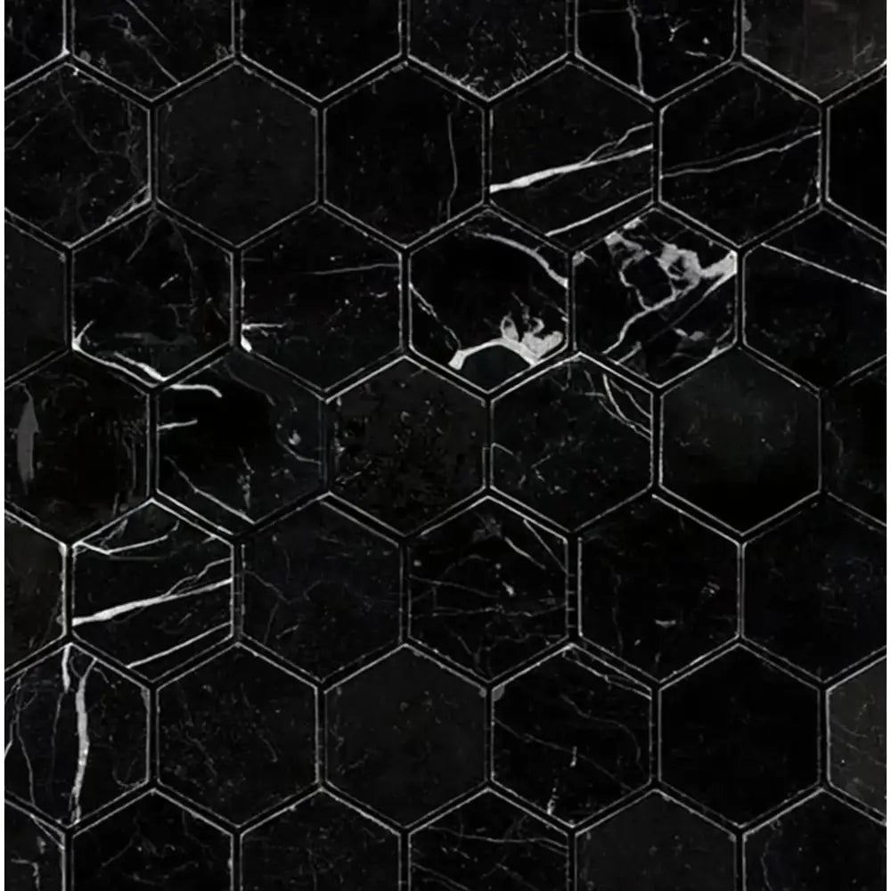 Nero Marquina Black 2 Inch Hexagon Marble Mosaic Polished or Honed Tiles