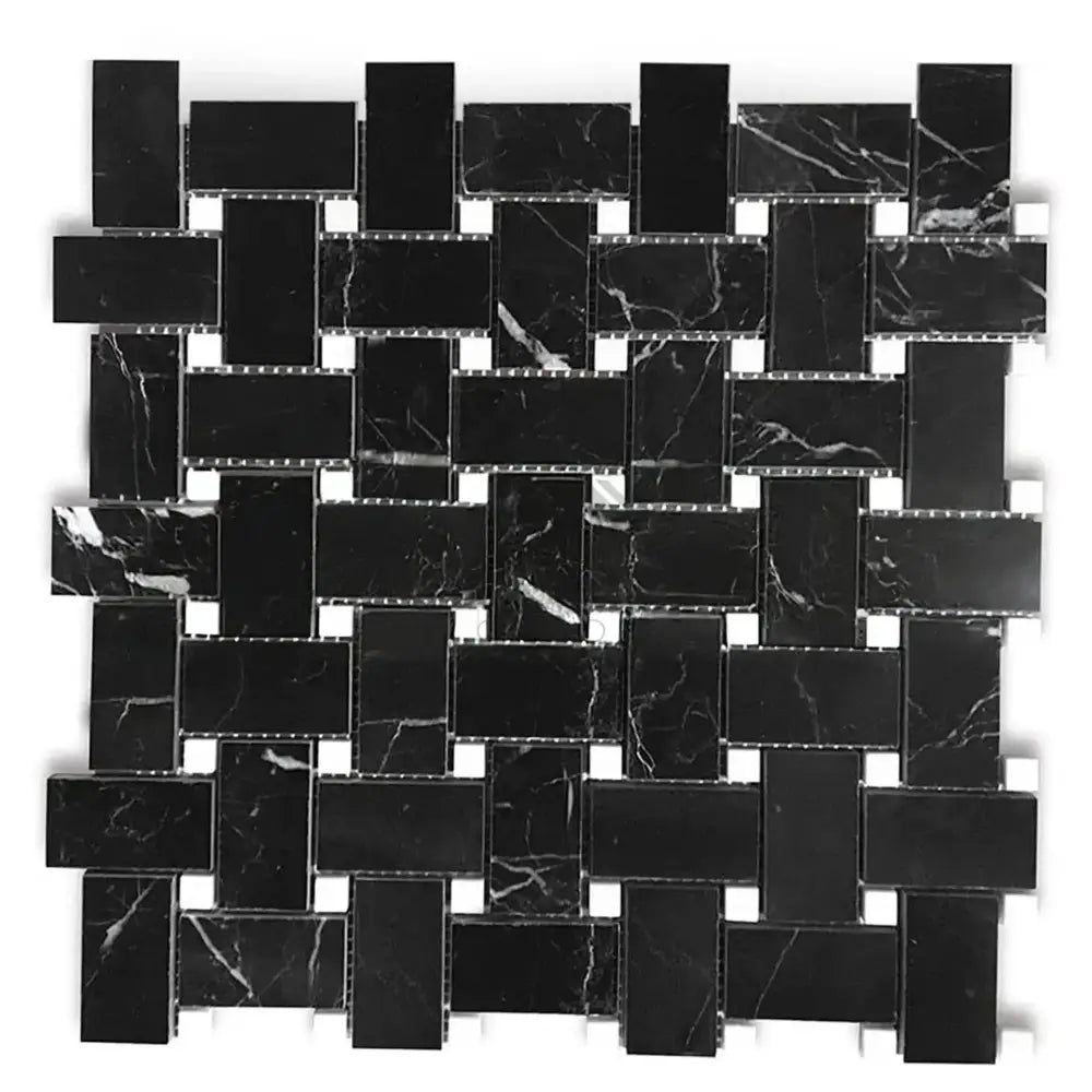 Nero Marquina Prestige/Black Basketweave w/White Dots Marble Mosaic-American Stone