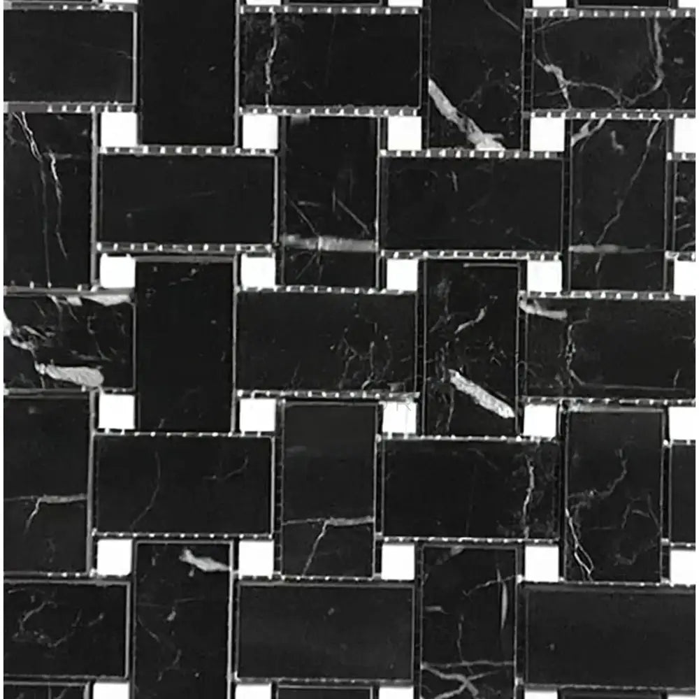 Nero Marquina Prestige/Black Basketweave w/White Dots Marble Mosaic-American Stone