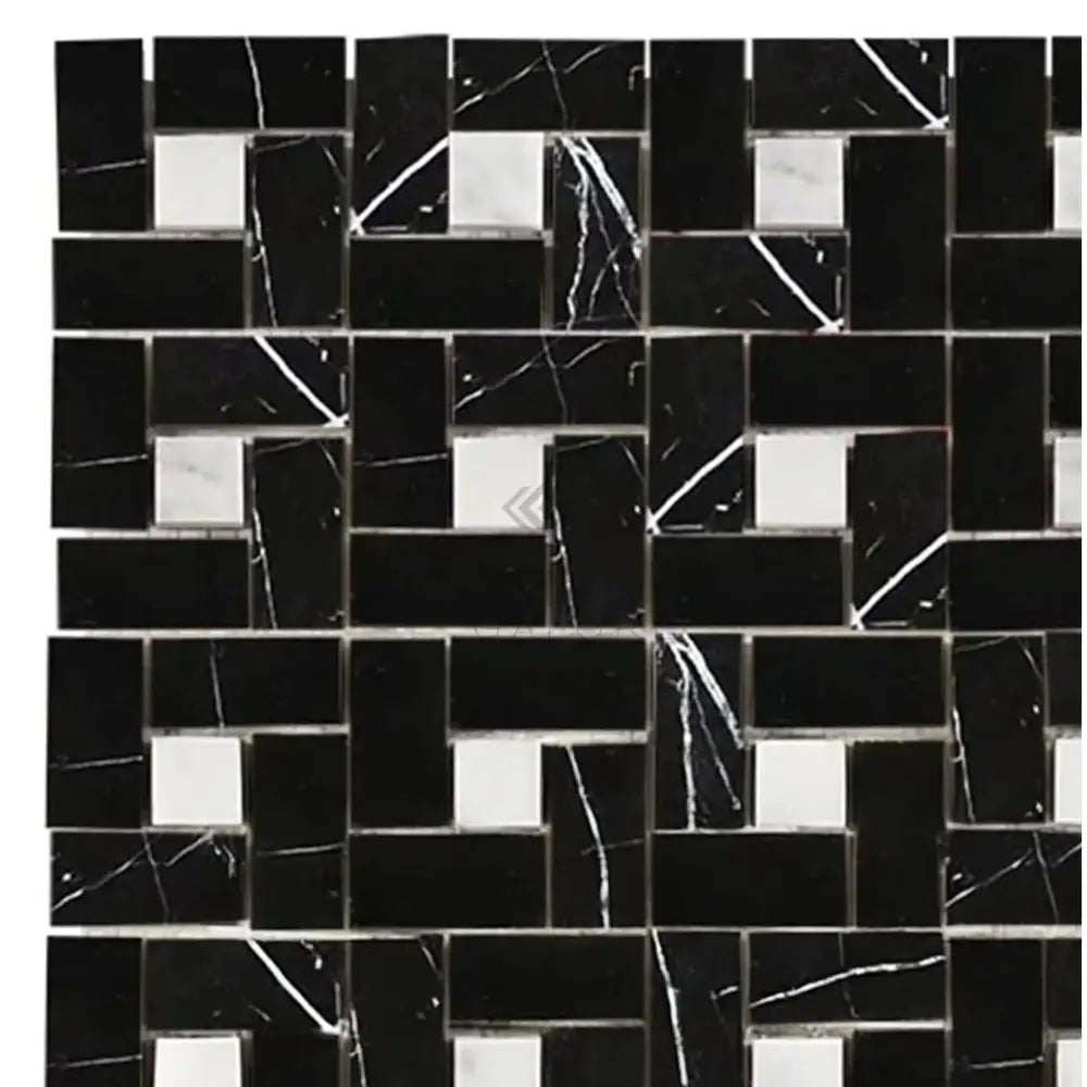 Nero Marquina Prestige/Black Pinwheel (Mini) w/White Dots Marble Mosaic-American Stone