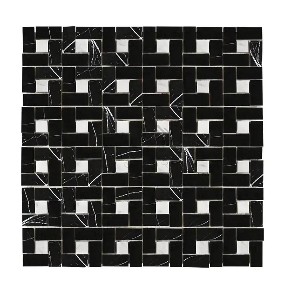 Nero Marquina Prestige/Black Pinwheel (Mini) w/White Dots Marble Mosaic-American Stone