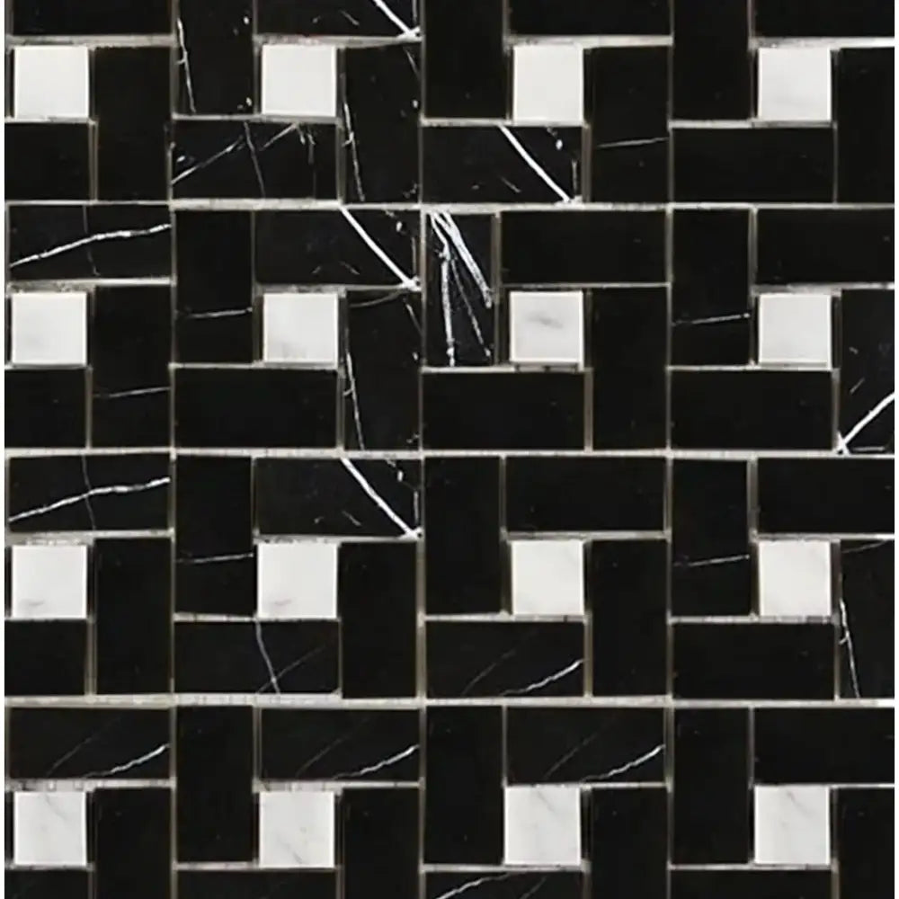 Black and white marble tile pattern of Nero Marquina Pinwheel with white dots mosaic