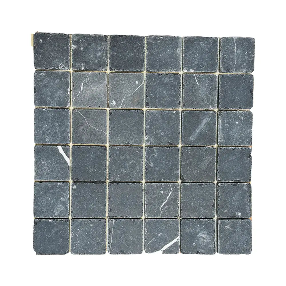 Square gray marble mosaic tile sheet from Nero Marquina Prestige Marble 2X2 Tumbled