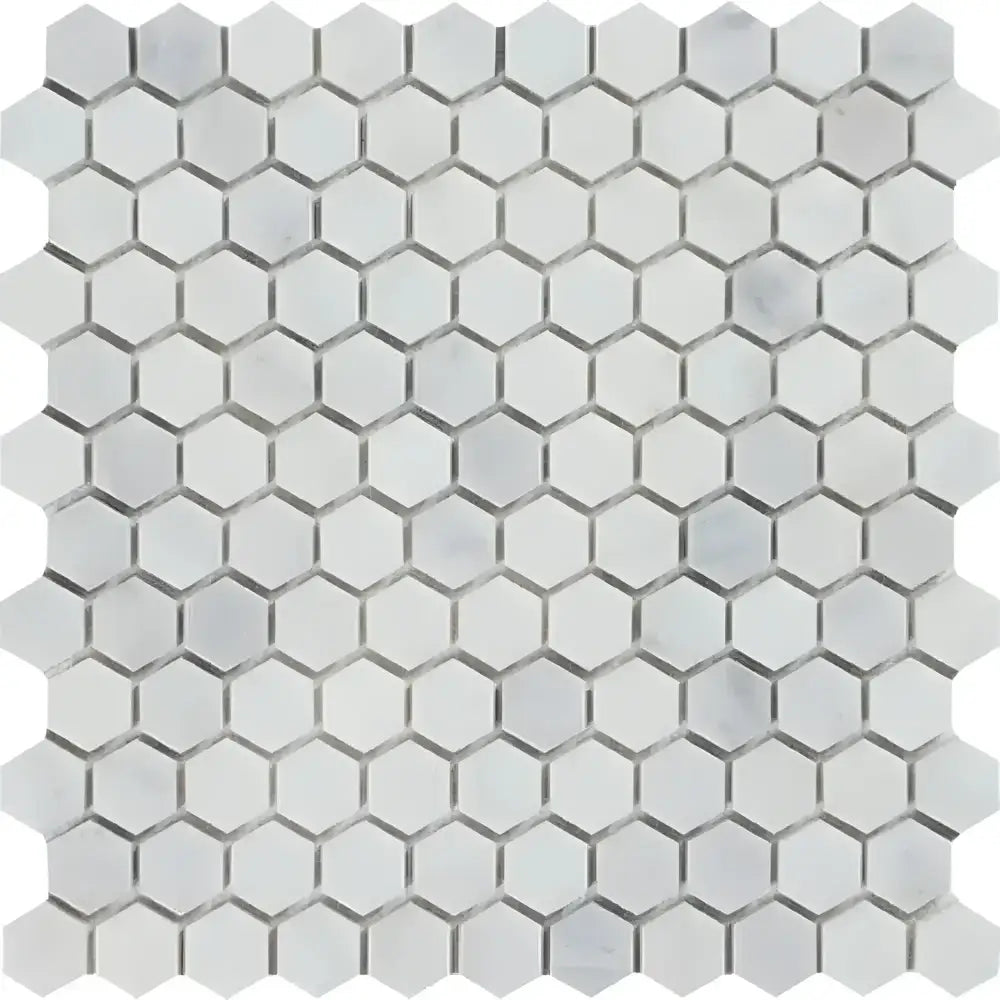 White hexagon mosaic tile from Oriental White Aurora Asian Statuary 1 inch polished marble
