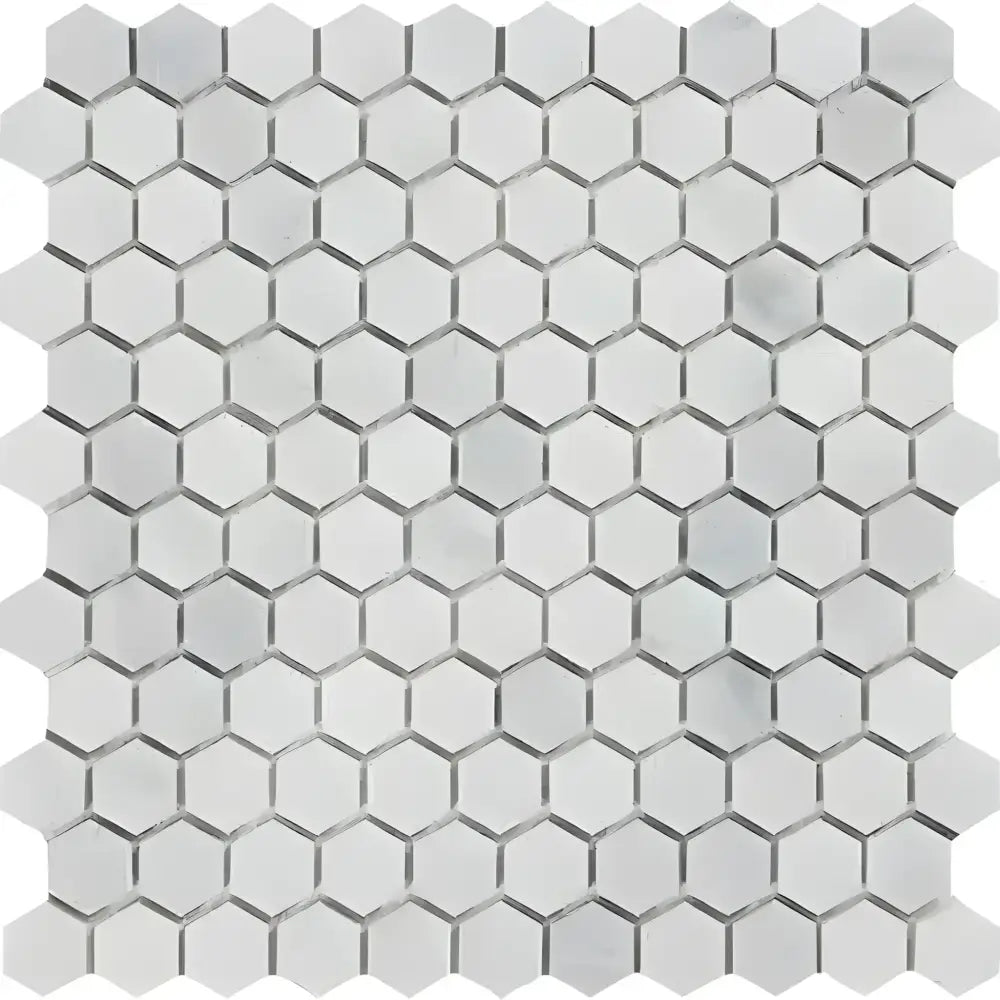 White hexagon tile mosaic from Oriental White Aurora Asian Statuary marble in polished or honed finish