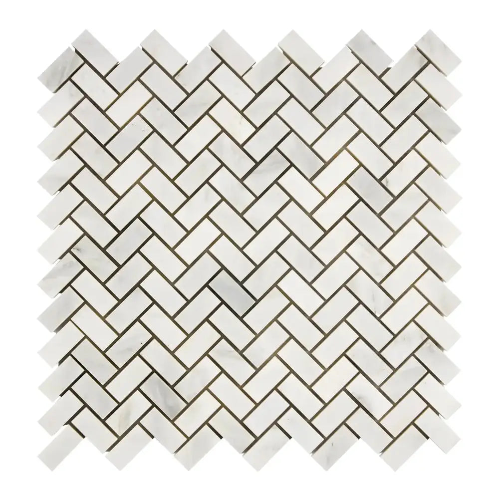 Herringbone marble tile pattern in Oriental White Aurora Asian Statuary Mosaic polished or honed