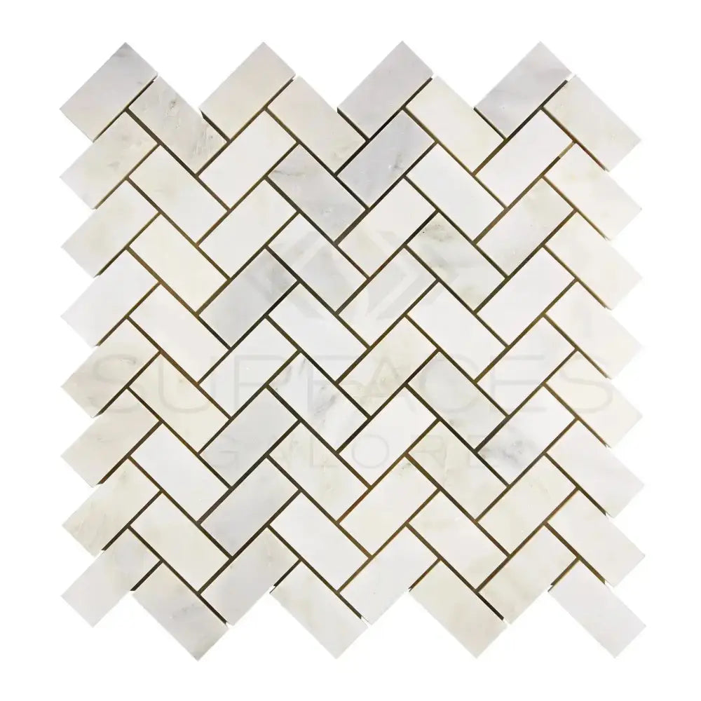 White herringbone tile mosaic from Oriental White Aurora Asian Statuary marble