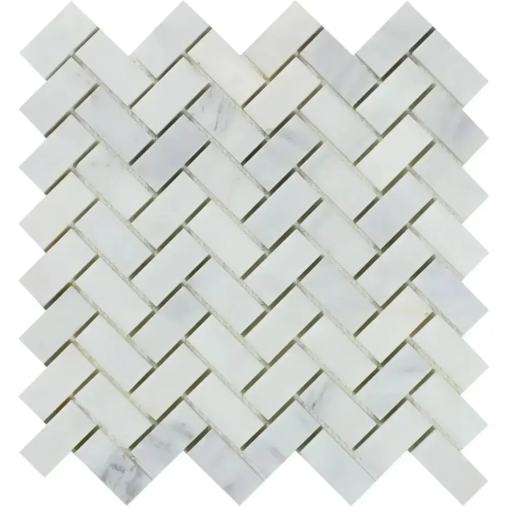 White marble herringbone mosaic tile from Oriental White Aurora Asian Statuary series