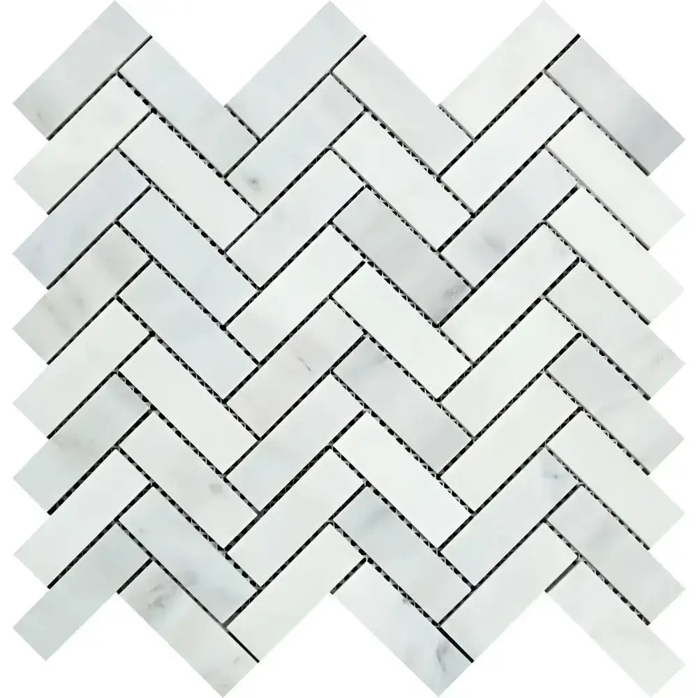 White herringbone tile pattern in Oriental White Aurora Asian Statuary marble mosaic