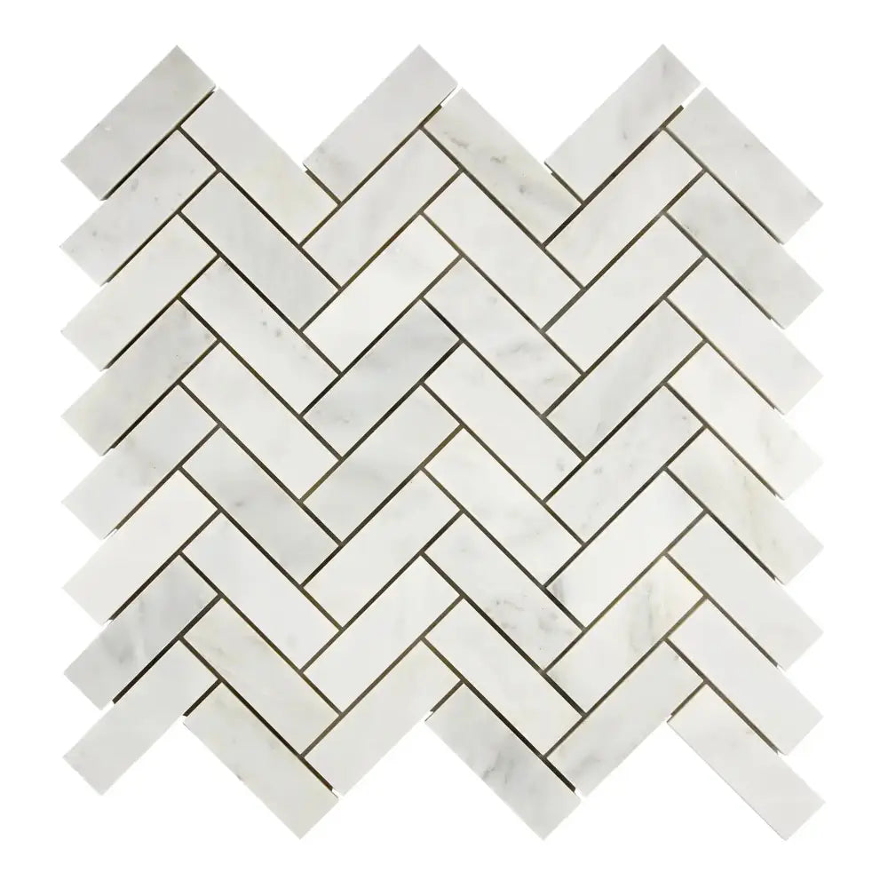 White marble herringbone tile from Oriental White Aurora Asian Statuary 1X3 mosaic