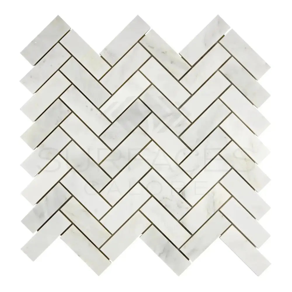 White marble herringbone tile from Oriental White Aurora Asian Statuary Mosaic