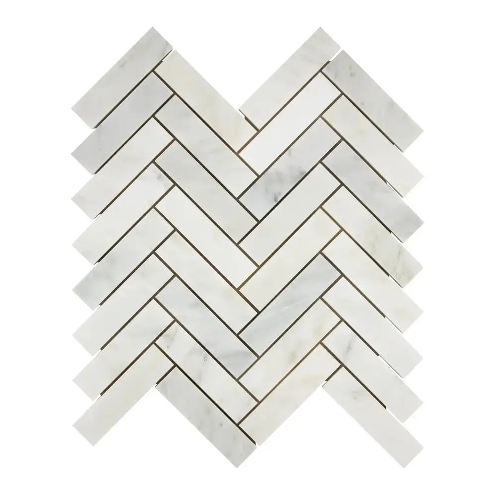 Herringbone marble tile pattern in Oriental White Aurora Asian Statuary mosaic