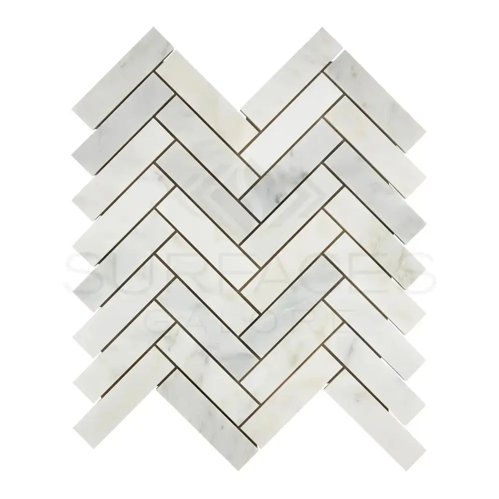 White marble herringbone mosaic tile from Oriental White Aurora collection