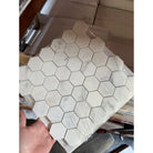 Hexagonal marble tile sheet featuring Oriental White Aurora White Asian Statuary finish