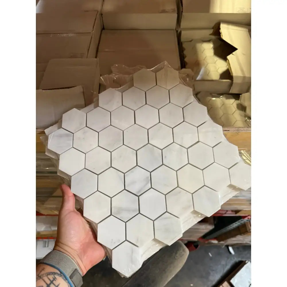 Hexagonal marble tile sheets with Oriental White Aurora Asian Statuary finish