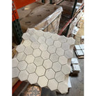 Hexagonal marble tile sheets of Oriental White and Aurora White Asian Statuary in polished finish