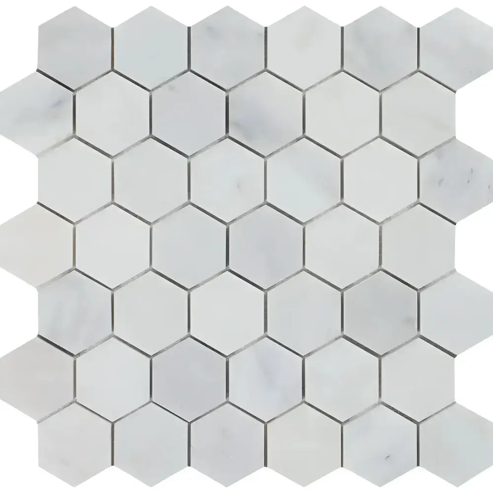 White marble hexagon tile mosaic from Oriental White Aurora Asian Statuary family