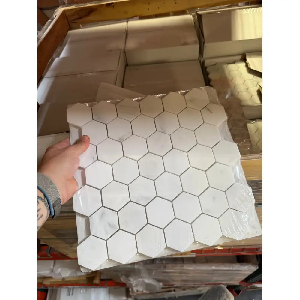 Oriental White Aurora / Asian Statuary 2" Hexagon Marble Mosaic-American Stone