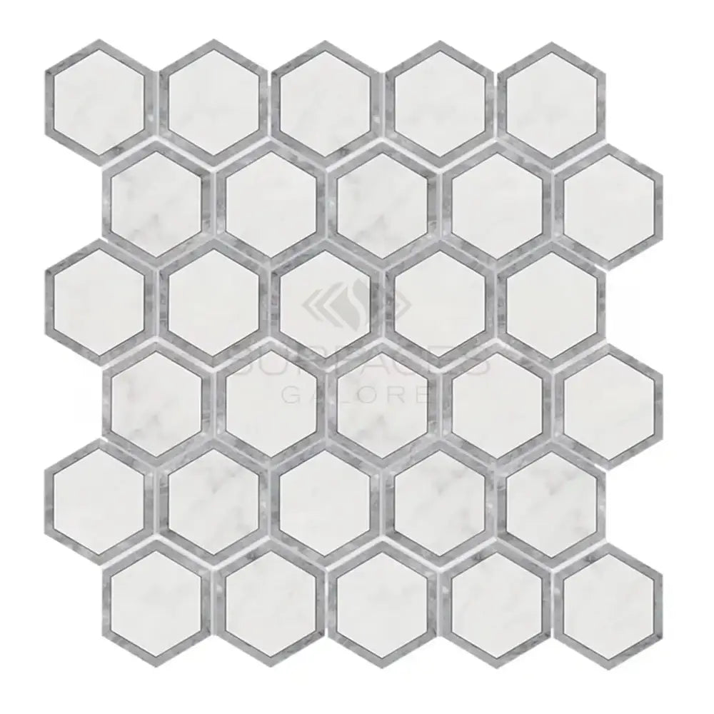 Hexagonal mosaic tile sheet with White Aurora and Blue-Gray Marble in polished or honed finish