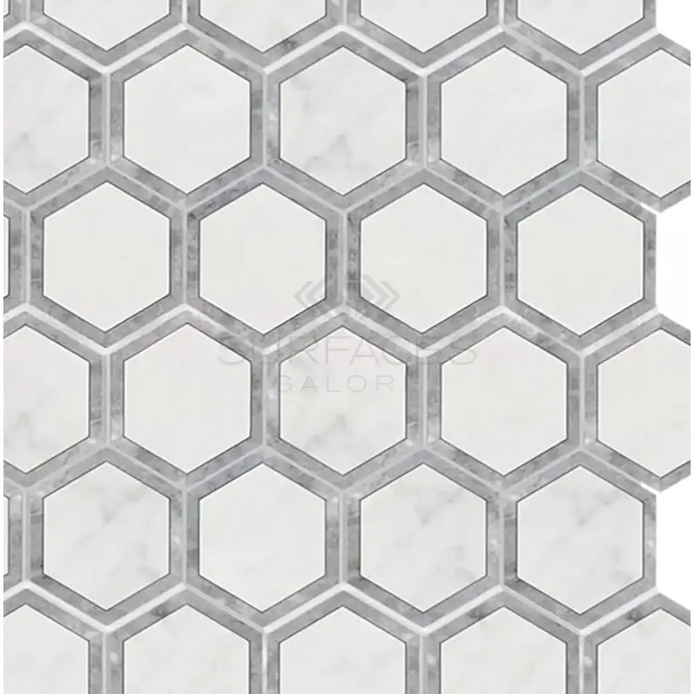 Hexagonal tile mosaic featuring Blue-Gray Marble in Oriental White Aurora product