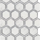 Hexagonal tile mosaic featuring Blue-Gray Marble in Oriental White Aurora product