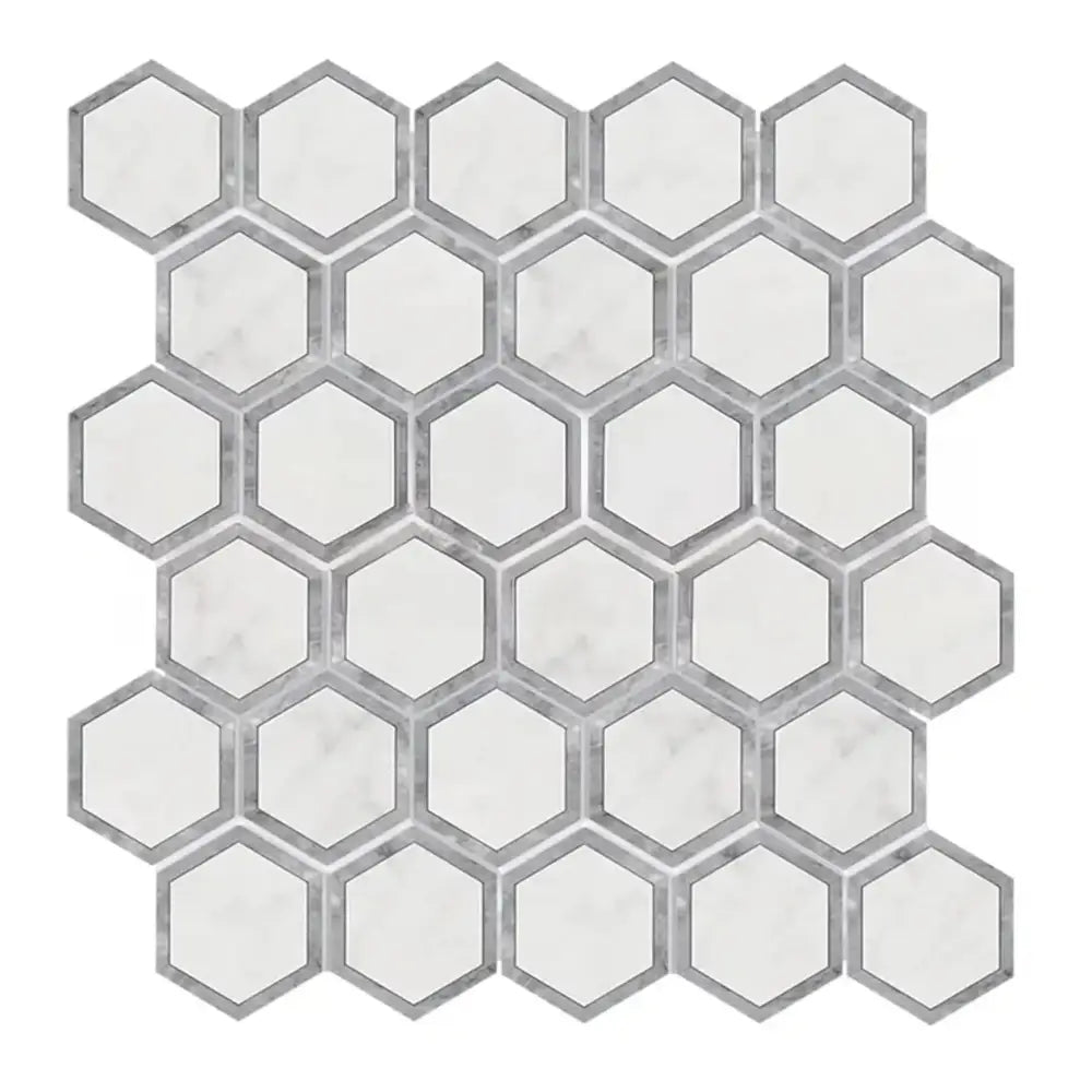Hexagonal Marble Mosaic Tile Sheet featuring White Aurora and Blue-Gray Statuary Marble