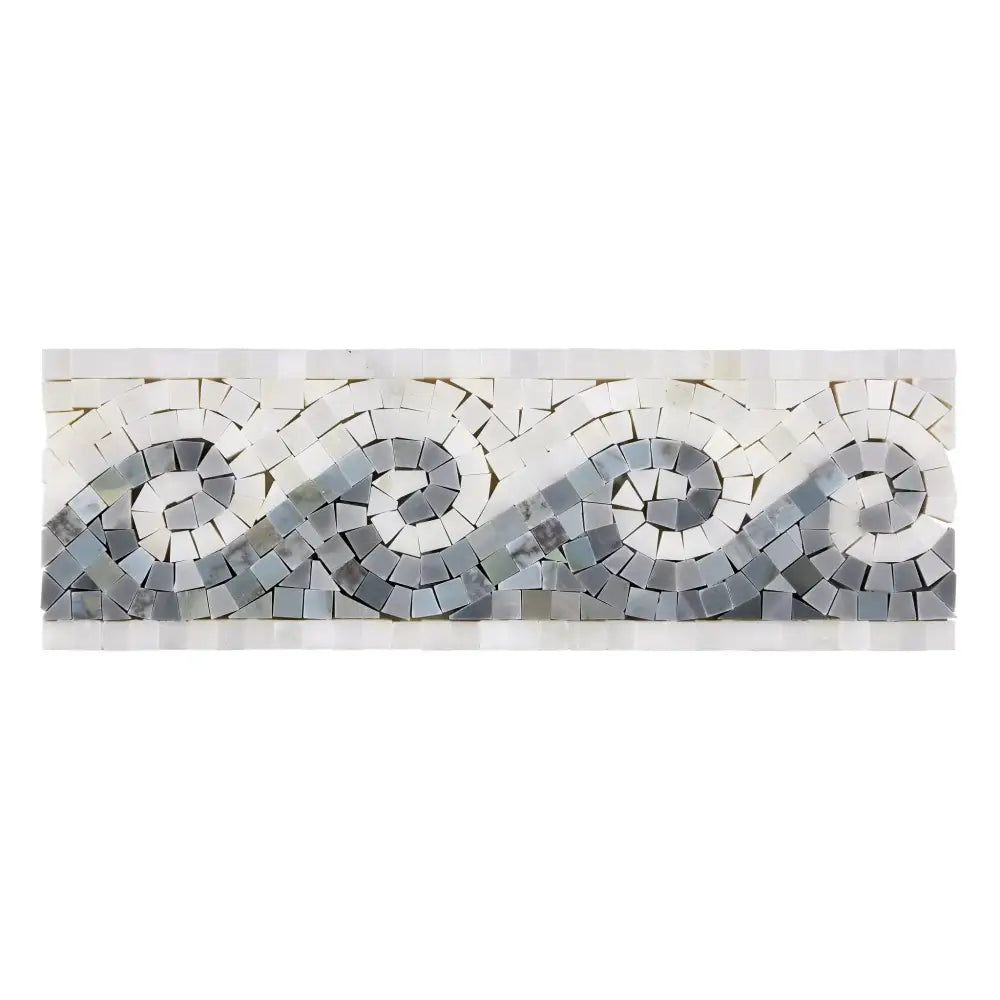 Mosaic wave border from Oriental White Aurora tile with blue-gray dots, polished or honed