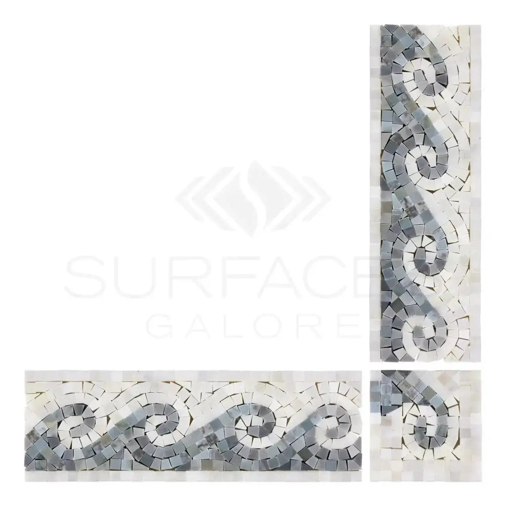 Mosaic tile border from Oriental White Aurora Asian Statuary with blue-gray dots