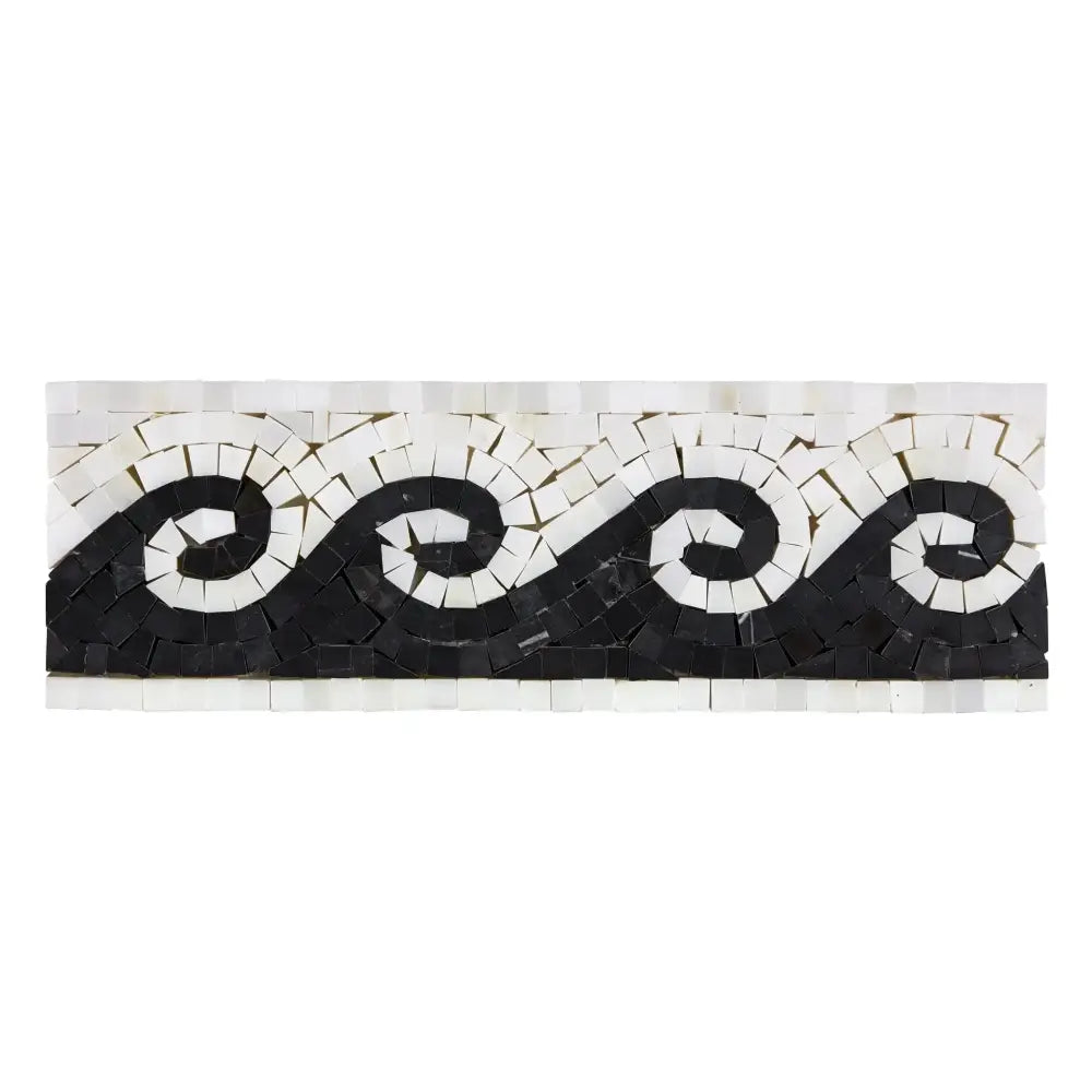 Black and white mosaic wave border tile from Oriental White Aurora with black dots