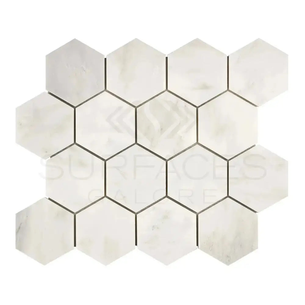 White hexagon tile mosaic from Oriental Aurora White Aurora Asian Statuary collection