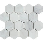 Hexagonal marble tile mosaic featuring Oriental White and Aurora White Statuary finishes