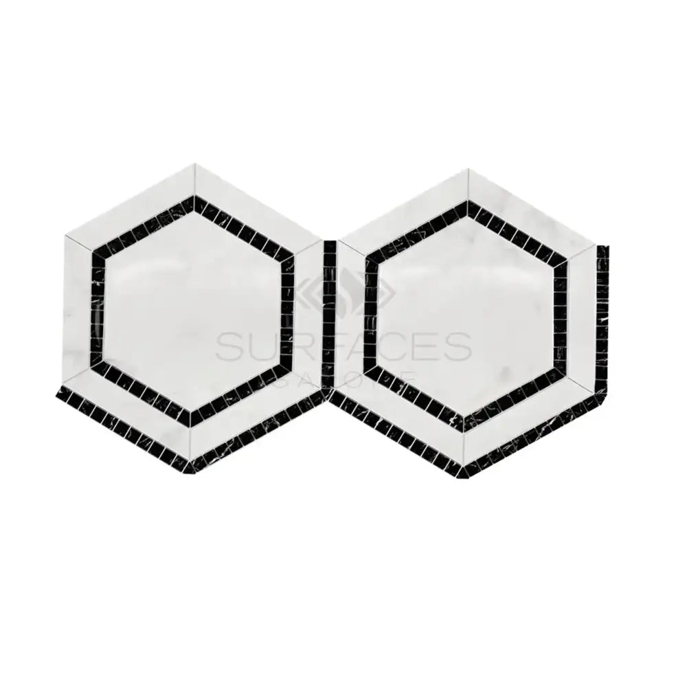 Oriental White Aurora / Asian Statuary 5" Hexagon Combination w/ Black Marble Mosaic-American Stone