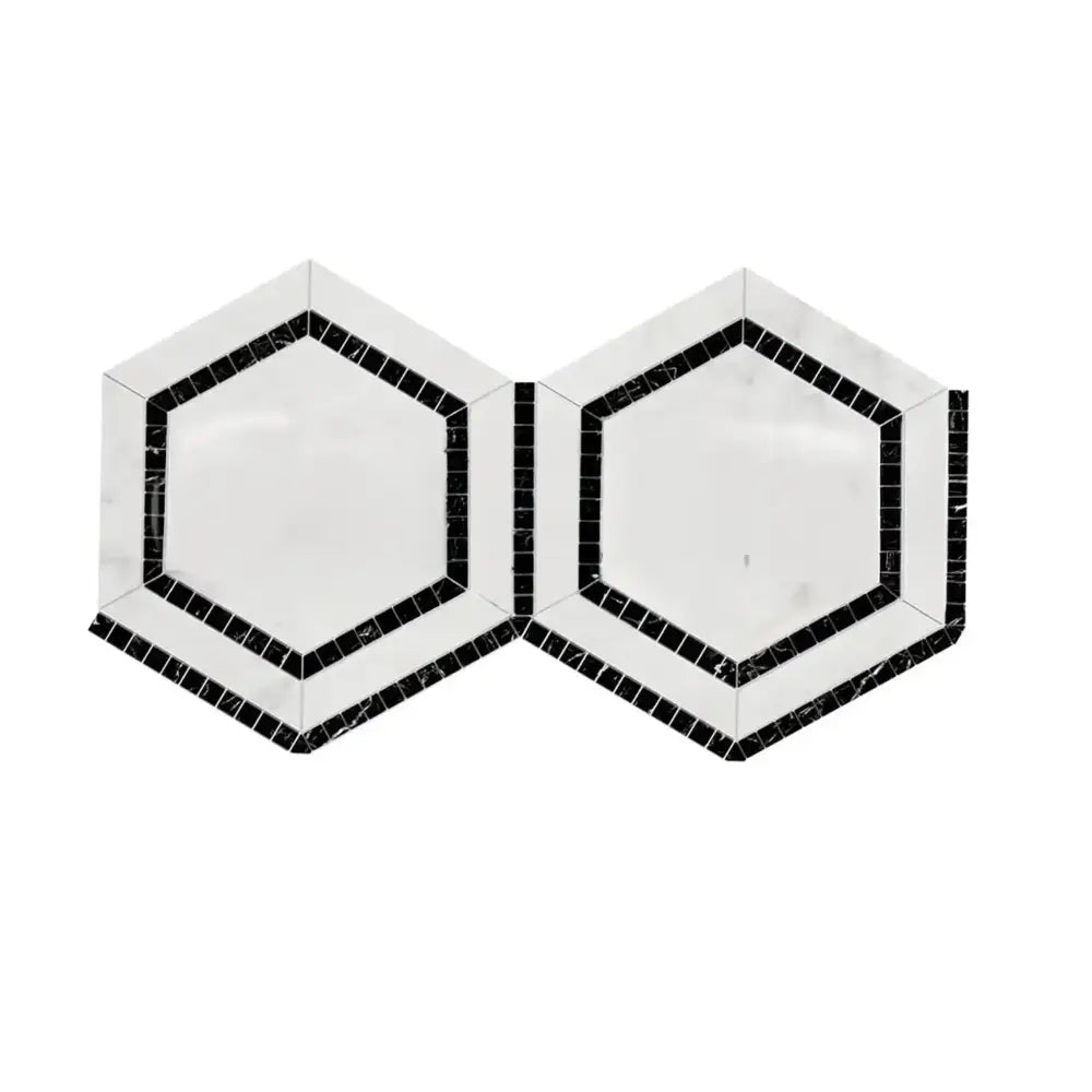 Two white hexagon tiles with black borders from Oriental White Aurora Mosaic collection