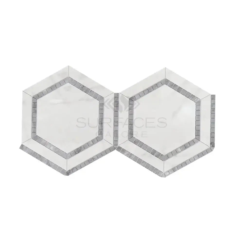 Oriental White Aurora / Asian Statuary 5" Hexagon Combination w/ Blue-Gray Marble Mosaic-American Stone