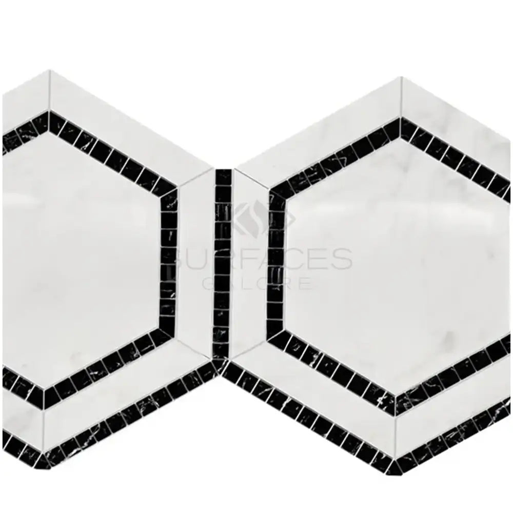 Oriental White Aurora / Asian Statuary 5" Hexagon Combination w/ Black Marble Mosaic-American Stone