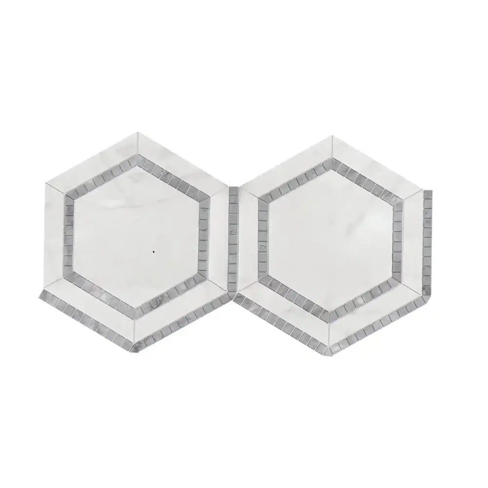 Two conjoined hexagonal tiles from Oriental White Aurora and Blue-Gray Marble Mosaic
