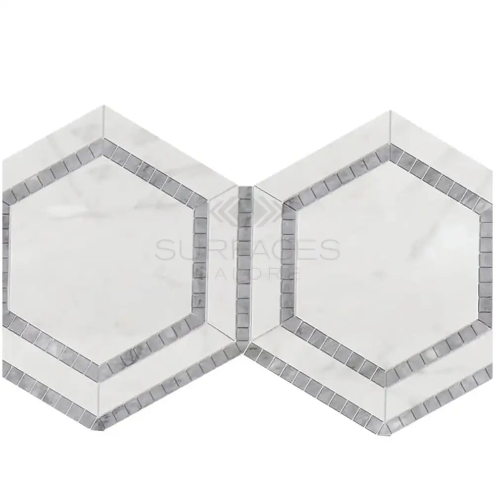 Interlocking white and gray hexagon tiles with Blue-Gray Marble Mosaic for Oriental White Aurora design