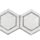 Interlocking white and gray hexagon tiles with Blue-Gray Marble Mosaic for Oriental White Aurora design