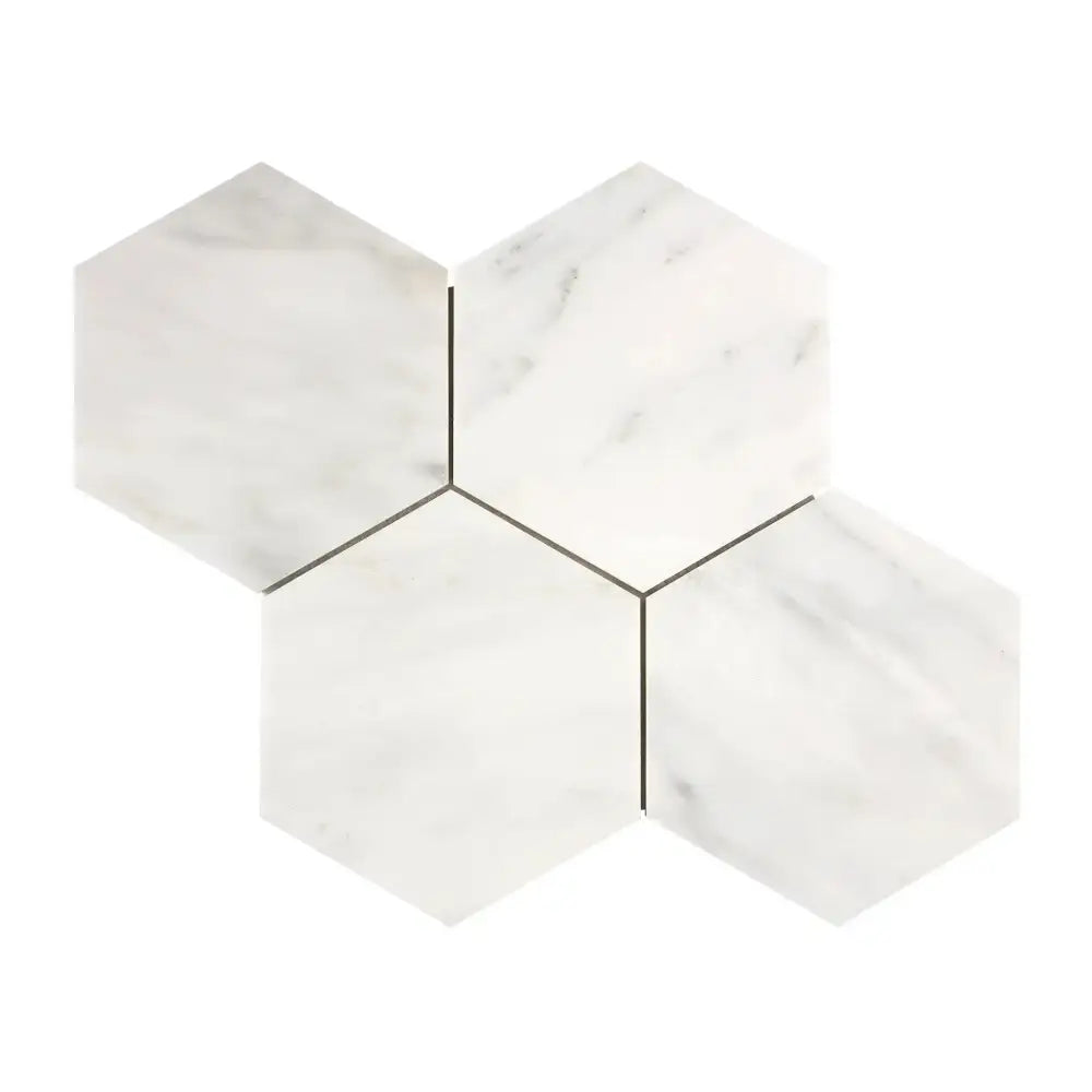 Marble hexagon tiles in Oriental White Aurora White Asian Statuary mosaic finish