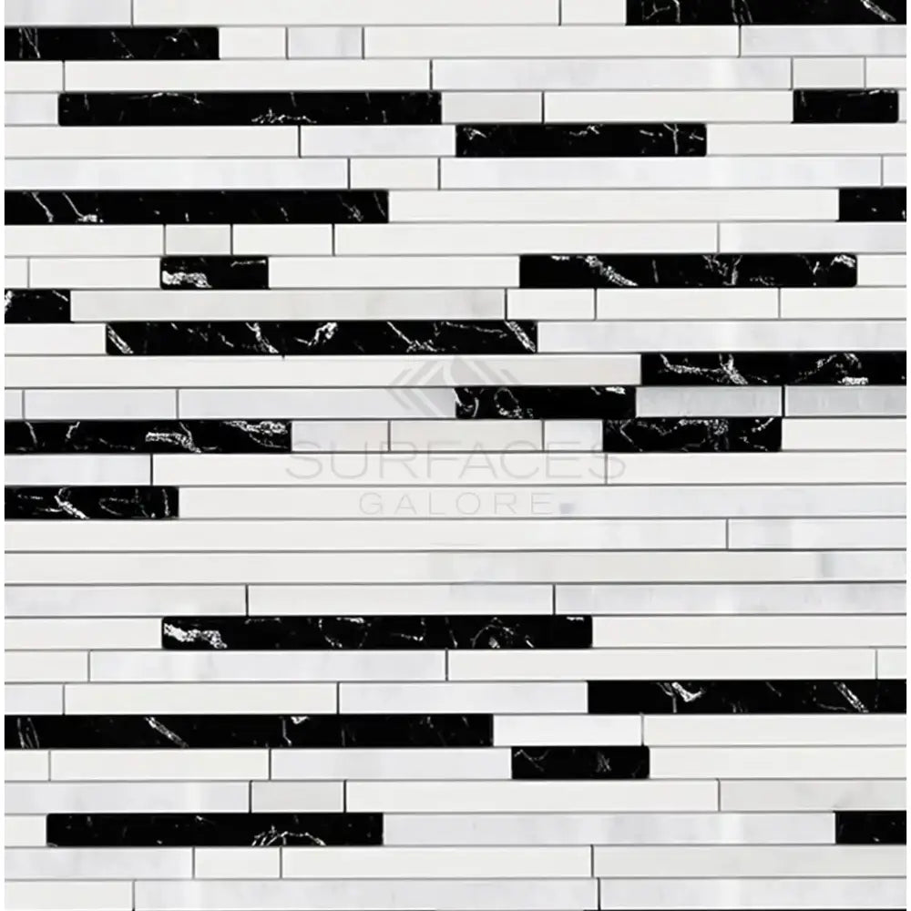 Black and white mosaic tile pattern in Oriental White Aurora marble for elegant decor